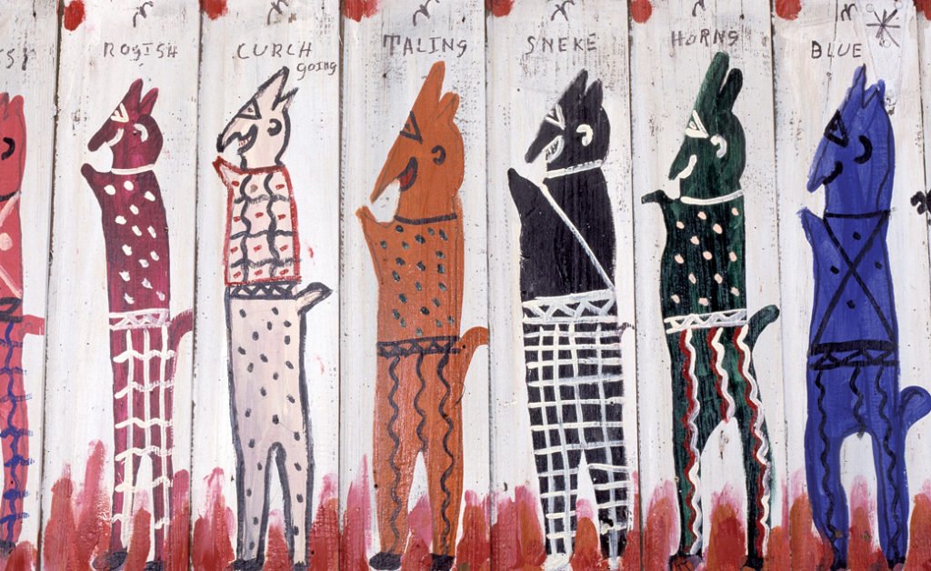 All the Devils Artist: R. A. Miller (American, 1912 - 2006) Date: n.d. Medium: Enamel paint on barn door Dimensions: Sight: 80 × 28 × 1 3/8 in. (203.2 × 71.1 × 3.5 cm) Credit Line: Georgia Museum of Art, University of Georgia; The Mullis Collection, Gift of Carl and Marian Mullis in honor of Shannon Candler, chairperson of the Board of Advisors Object number: 2009.144