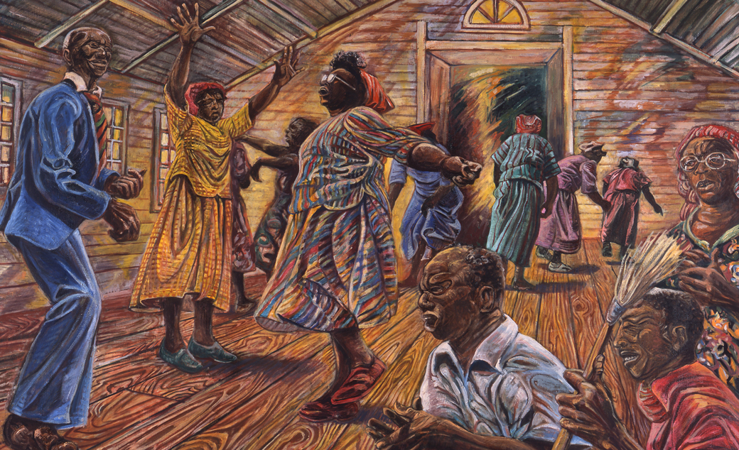 Art Rosenbaum (American, born 1938) McIntosh County Shouters MEDIUMOil on canvas DIMENSIONSSight: 64 3/8 × 71 1/4 in. (163.5 × 181 cm) Frame: 66 × 72 in. (167.6 × 182.9 cm) CREDIT LINEGeorgia Museum of Art, University of Georgia; Transfer from the Sea Grant College Program, School of Marine Programs OBJECT NUMBER1996.84