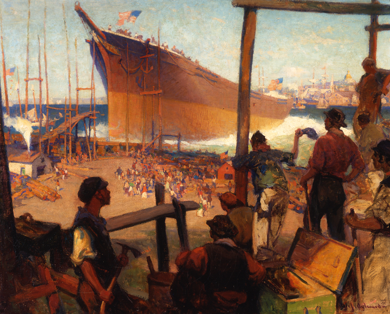 William James Aylward (American, 1875 – 1956), “The Launching,” n.d. Oil on canvas, 23 1/2 × 29 1/2 inches. Georgia Museum of Art, University of Georgia; Eva Underhill Holbrook Memorial Collection of American Art, Gift of Alfred H. Holbrook. GMOA 1945.1.