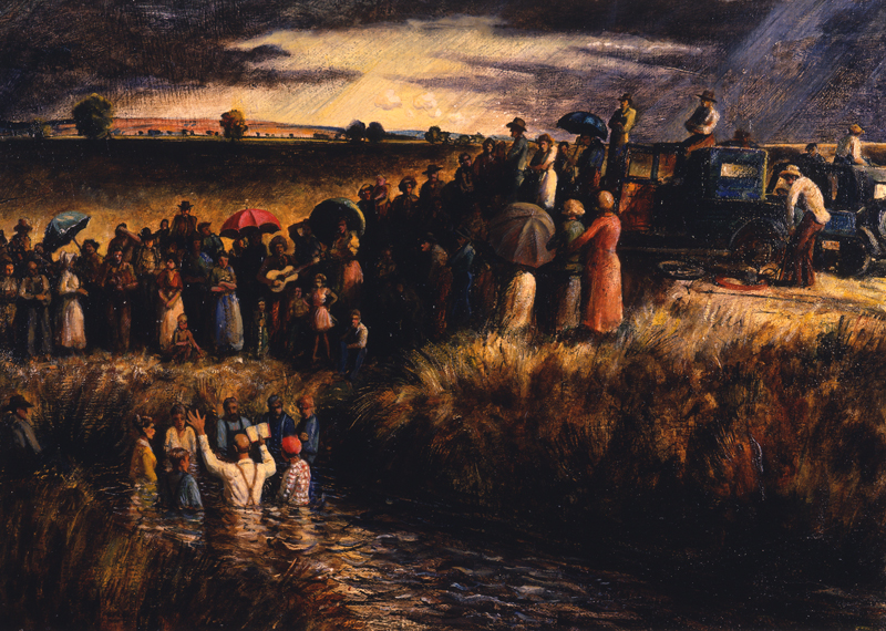 A painting by Peter Hurd of people being baptized in a small river, near the bank, under a dramatic sky, with many onlookers on the bank of the river