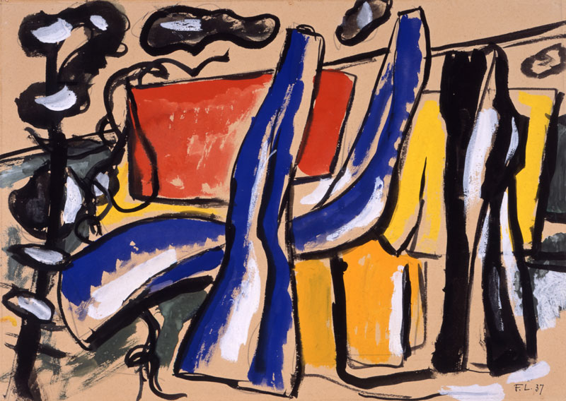 An abstract color drawing by Fernand Léger in watercolor, gouache and graphite on paper. It features what looks like a large blue X accented in white leaning across the middle, and squarish shapes in hot colors behind it.