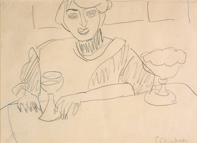 Ernst Ludwig Kirchner (German, 1880 – 1938), “Woman Sitting at a Table,” 1910. Graphite, 9 1/2 × 13 3/16 inches. Georgia Museum of Art, University of Georgia; Gift of Alfred H. Holbrook. GMOA 1968.2375.