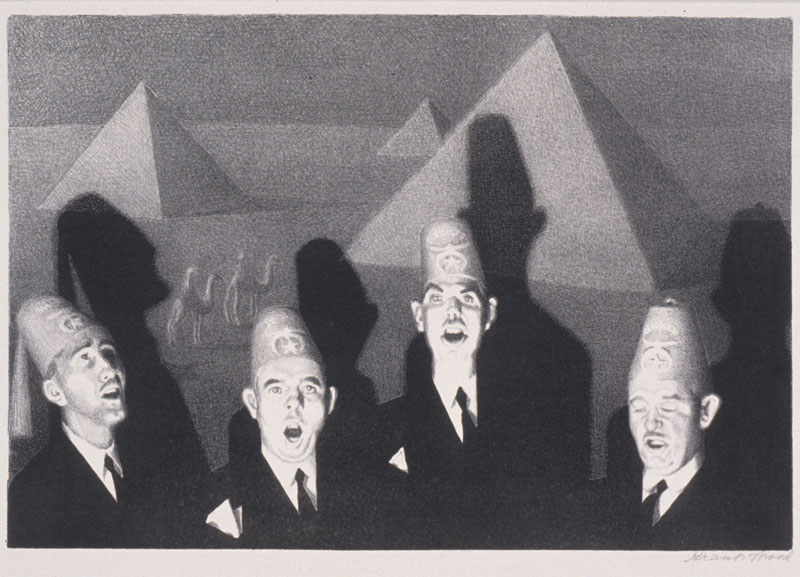 A lithograph by Grant Wood of several men in shriners' hats singing in front of a background of the Egyptian pyramids
