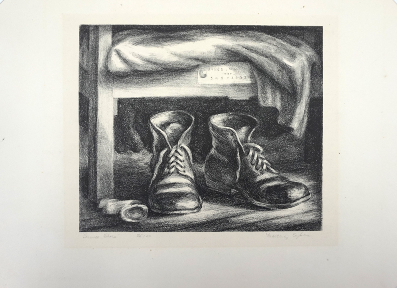 Maltby Sykes (American, 1911 – 1992), “Service Shoes,” 1944. Lithograph on wove paper, 7 3/4 × 9 1/8 inches. Georgia Museum of Art, University of Georgia; Museum purchase with funds provided by the bequest of Leighton Ballew. GMOA 1997.97.