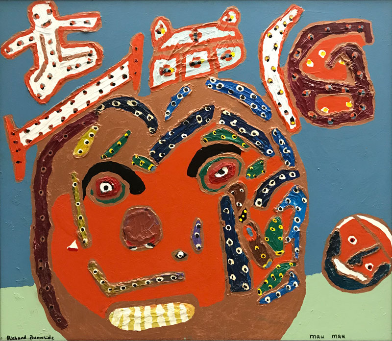 a painting titled "Mau Mau" by Richard Burnside; painted in bright colors, it shows a close-up of a face with teeth bared and some shapes surrounding it, floating in the air