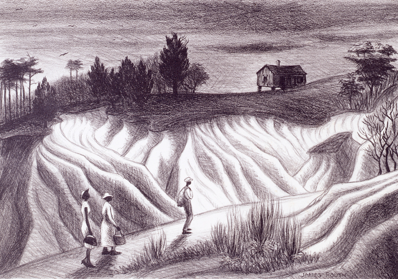 James E. Routh (American, 1918 – 2016), “Erosion,” 1940 – 41. Lithograph, 9 1/2 × 13 11/16 inches. Georgia Museum of Art, University of Georgia; Gift of the artist. GMOA 2010.344.