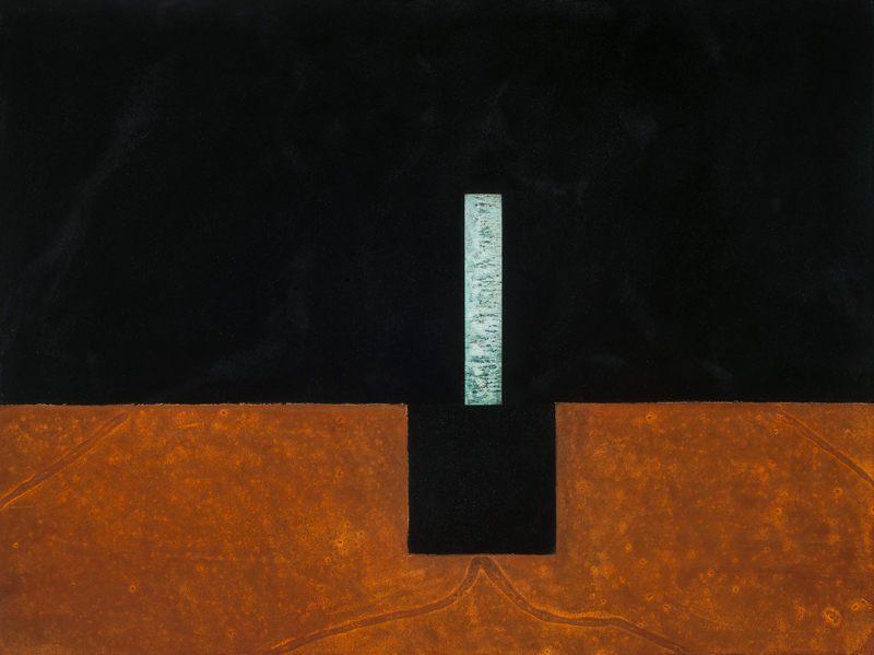 "Dark Matters and Entropy #52," a painting by Jack H. White. A thin black vertical rectangle with an even thinner, smaller, vertical white rectangle inside it, stands upright on a brownish-gold background, backed by what appears to be a black wall.