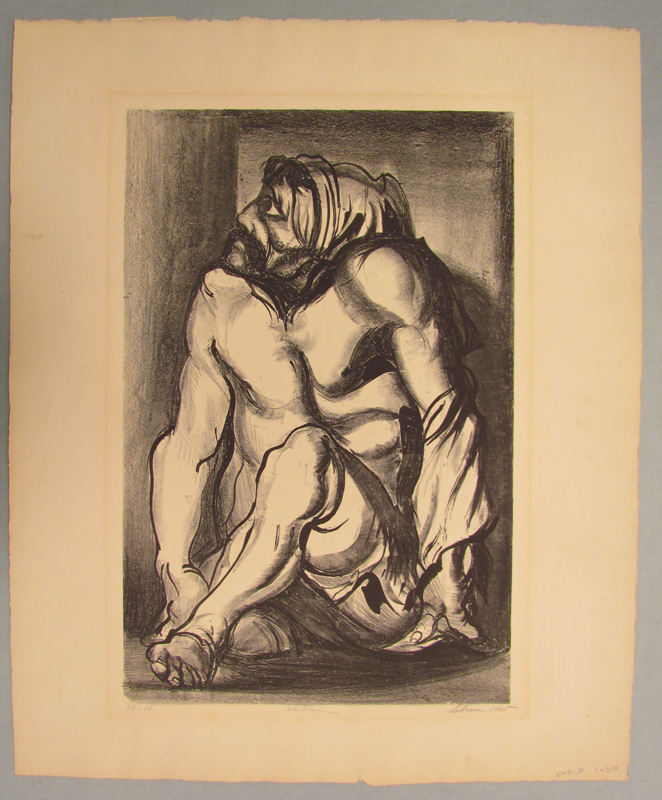 A lithograph by Rico Lebrun of a veteran, crouched on the ground in a cramped space