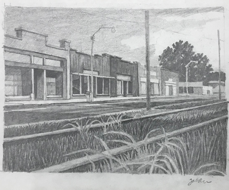Rolland Havre Golden (American, 1931 - 2019), “The Farmer Whistle Stop Blues,” 1980. Graphite on paper, 8 × 10 7/8 inches. Georgia Museum of Art, University of Georgia; Museum purchase with funds provided by the Richard E. and Lynn R. Berkowitz Acquisitions Endowment. GMOA 2019.99.