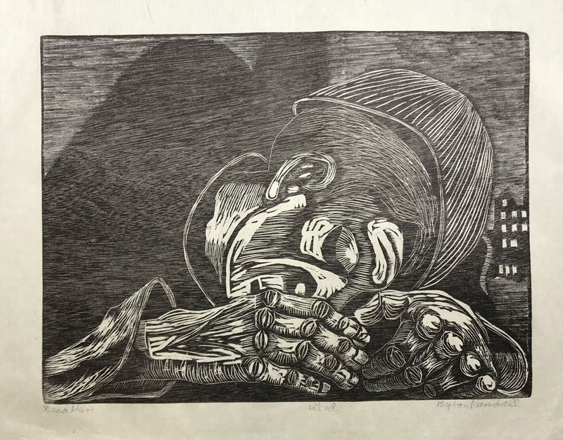 Byron Randall's black and white linocut of a dead man or dead soldier, wearing a knit cap, resting his head on his hands