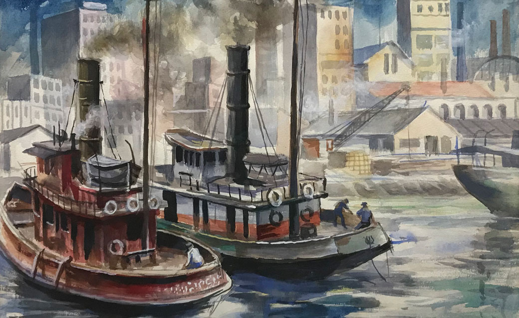 a detail of an untitled watercolor by Reginald Marsh showing boats in a harbor