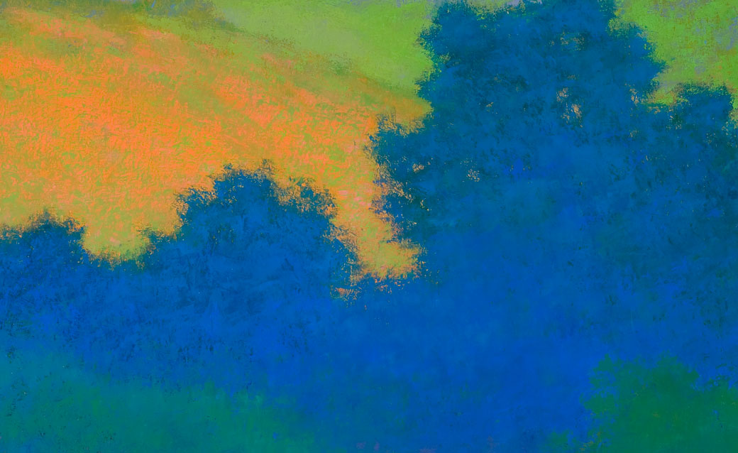 a detail of an abstract landscape by Richard Mayhew in shades of blue, green and orange