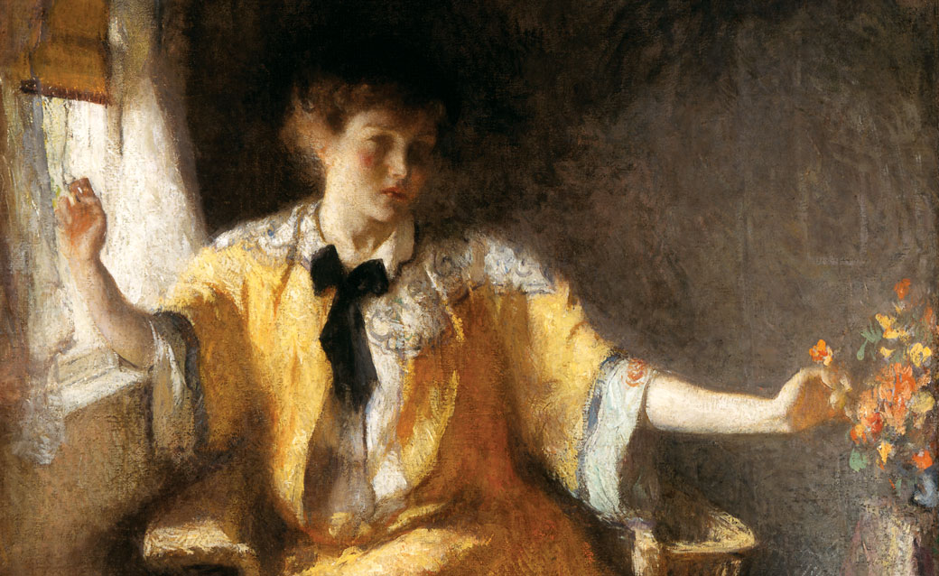 a detail of Frank Weston Benson's painting "Young Girl by a Window," which shows a young woman in a yellow dress sitting by a window, with the light on her face