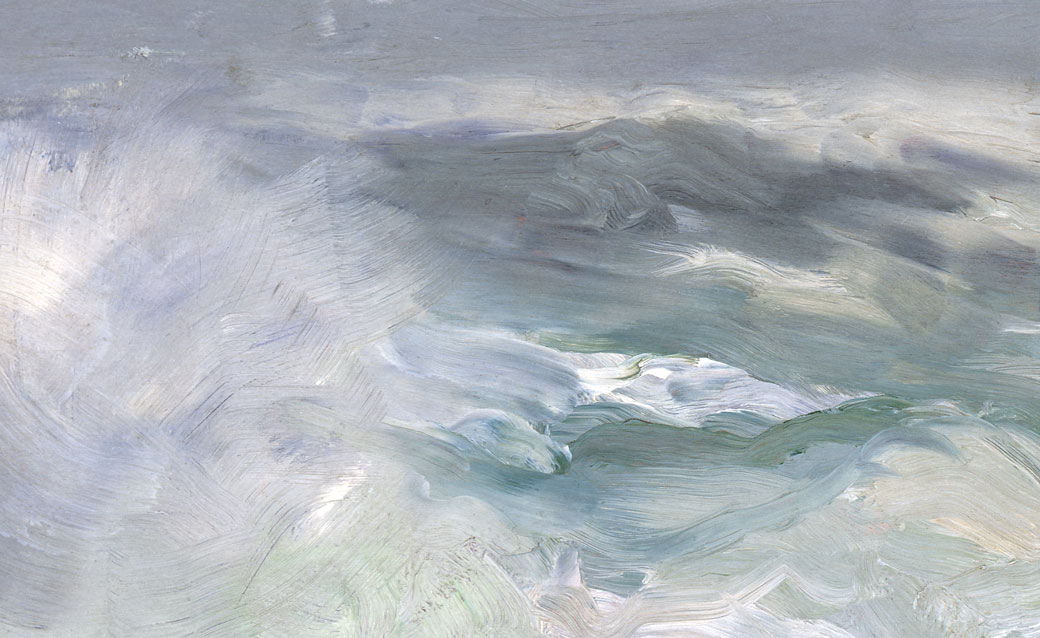 very close-up detail of George Bellows' "Fog Breakers," showing ocean and spray