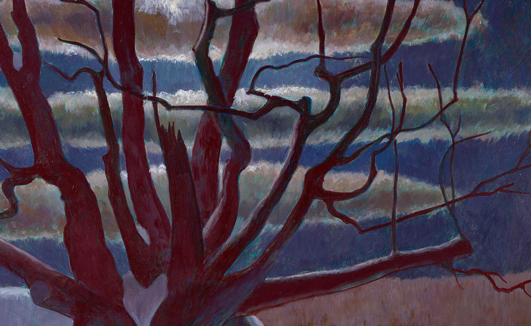 detail of Kyra Markham's painting of a winter tree silhouetted against the sky