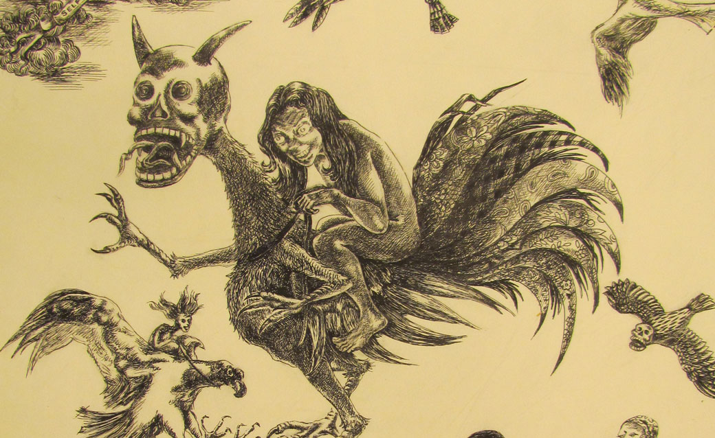 detail of Rose Piper's drawing "Self Portrait as a Young Stylist," which shows a woman riding a rooster with a skeleton head