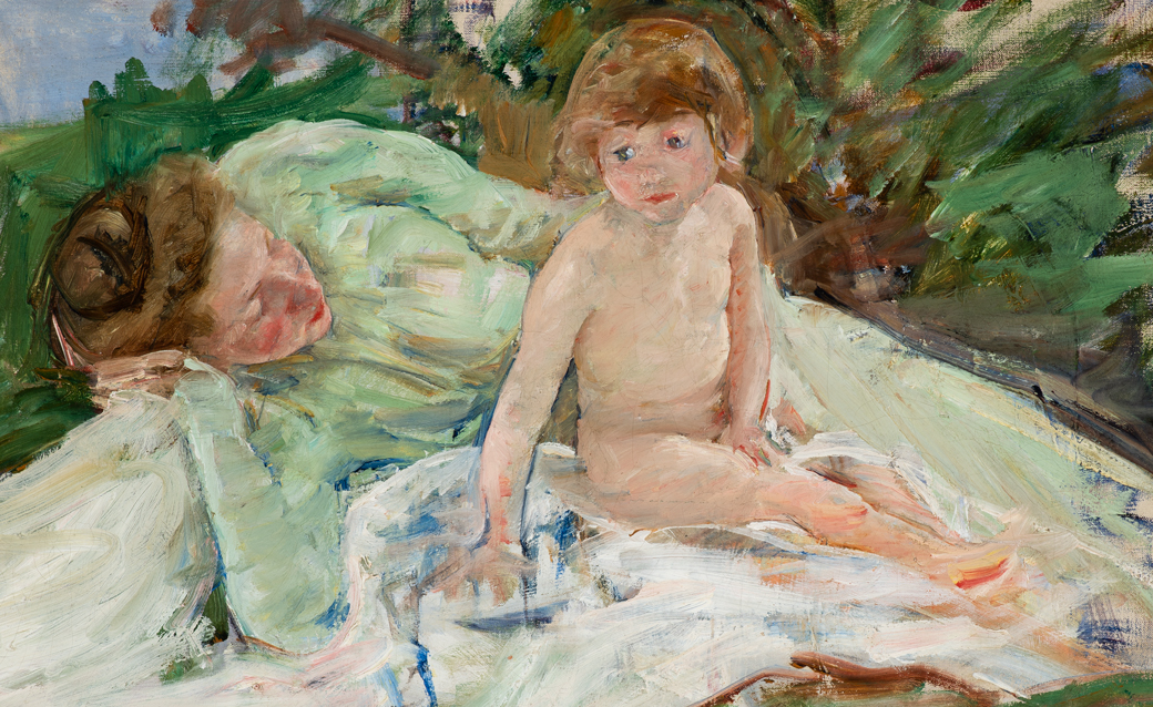 detail of Mary Cassatt's "The Sunbath," featuring a mother and child on a blanket in the sun