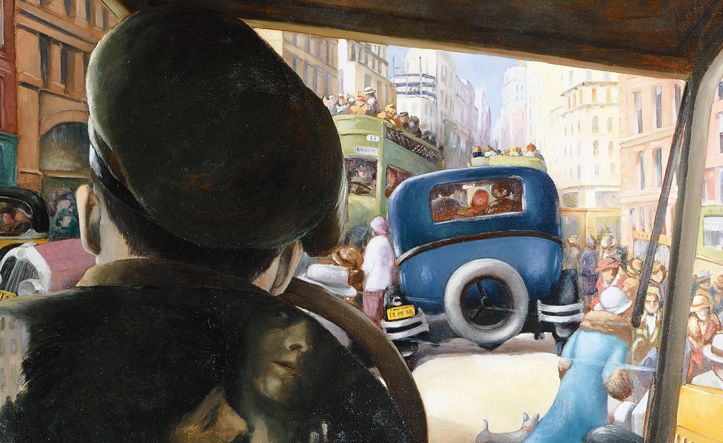 detail of Eugenie McEvoy's painting 'Taxi! Taxi!" seen from inside a taxi on a busy street