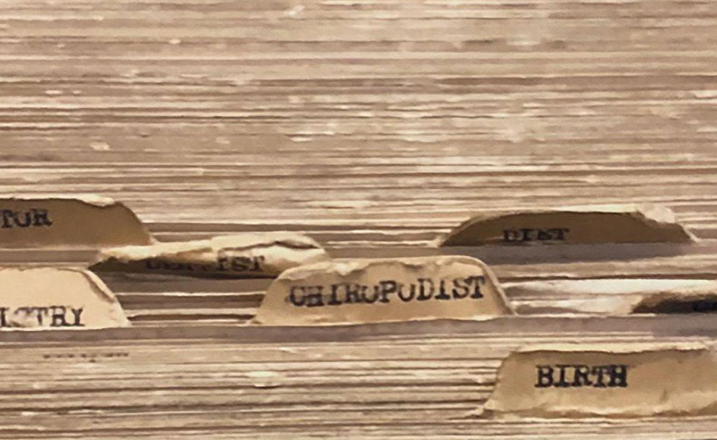 detail of a work by Richard Prince of Milton Berle's joke files; the close-up view shows 3 by 5-inch cards in an old-fashioned card catalog, with dividers that give categories of jokes