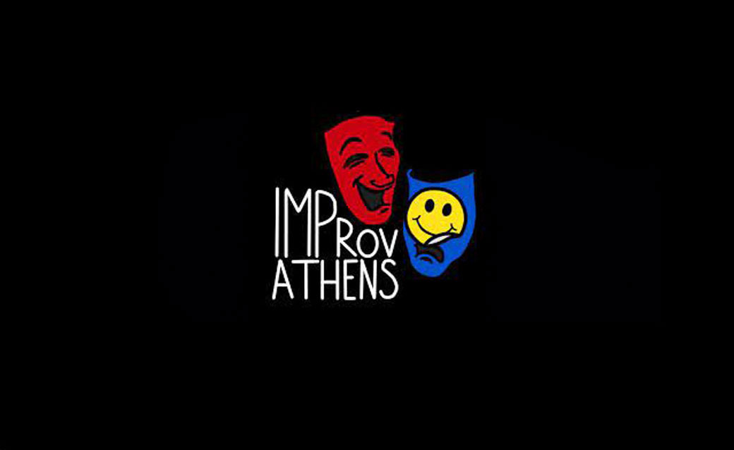 the words Improv Athens with two drama masks in red and blue on a black background