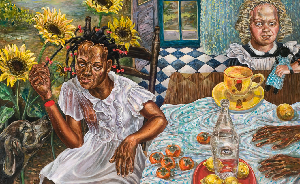 a detail of Stefanie Jackson's painting "Bluest Eye," which shows a young Black girl holding sunflowers, seated at a table but facing the viewer. To her left is a young white girl with curly blond hair, seated at the same table, which has food on it.