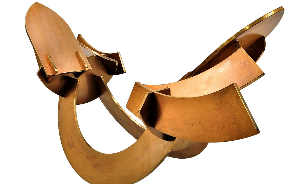 detail of an abstract bronze sculpture by Curtis Patterson titled "Ready in a Moment"
