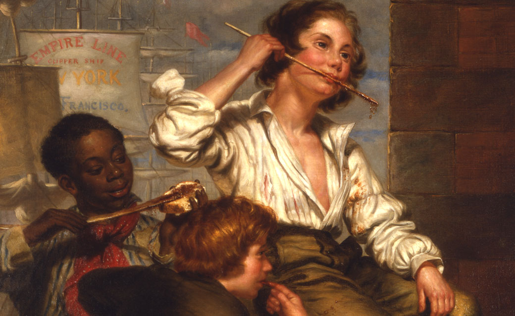 a detail of George Henry Hall's painting "Licking Lasses," which shows three boys (two white, one Black), licking molasses from a keg