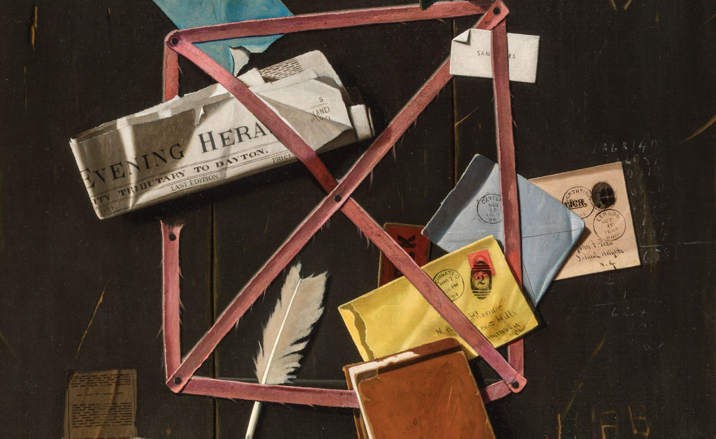 a detail of John F. Peto's painting "Old Time Letter Rack," a trompe l'oeil piece that looks very realistic