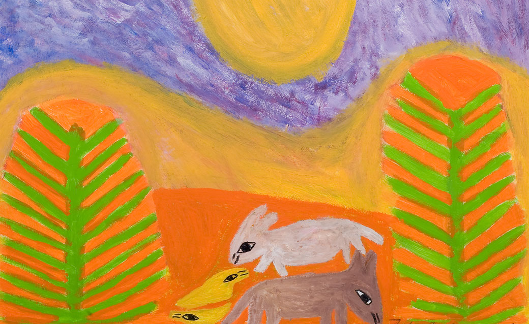 detail of a painting by Toby Ivey that shows a few animals under a big sun and a purple sky, with simplified trees on either side