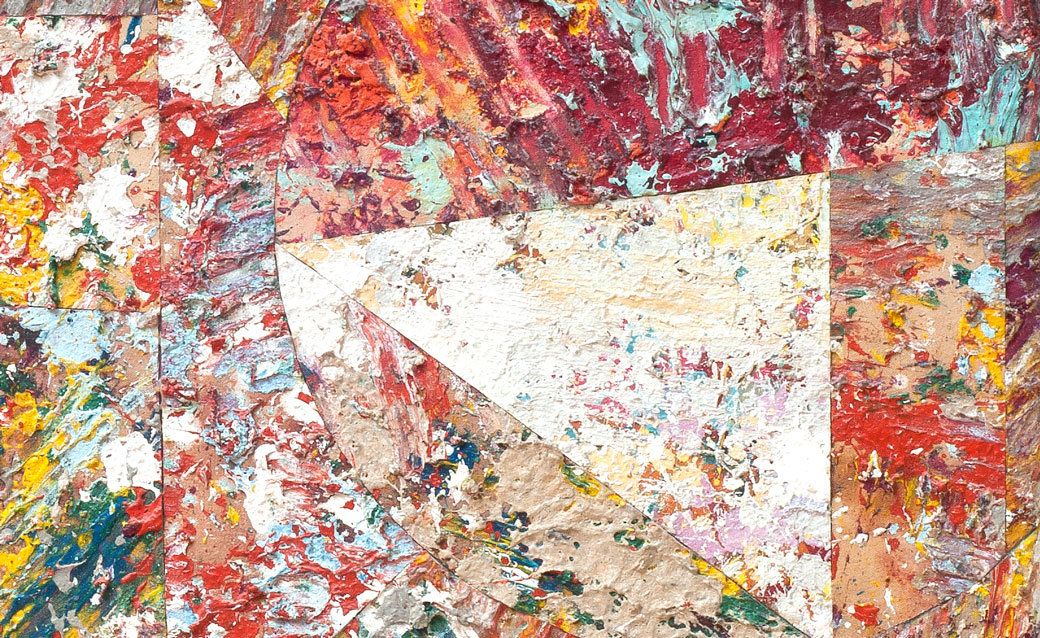 detail very close up of an abstract, colorful, thickly painted work by Sam Gilliam