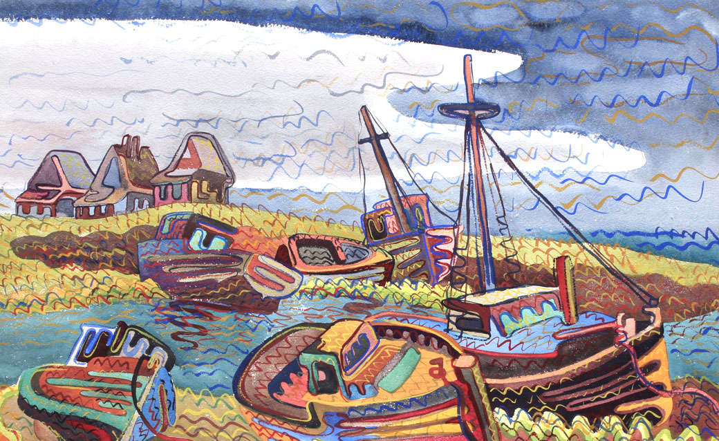 a lovely, colorful painting of boats in a harbor