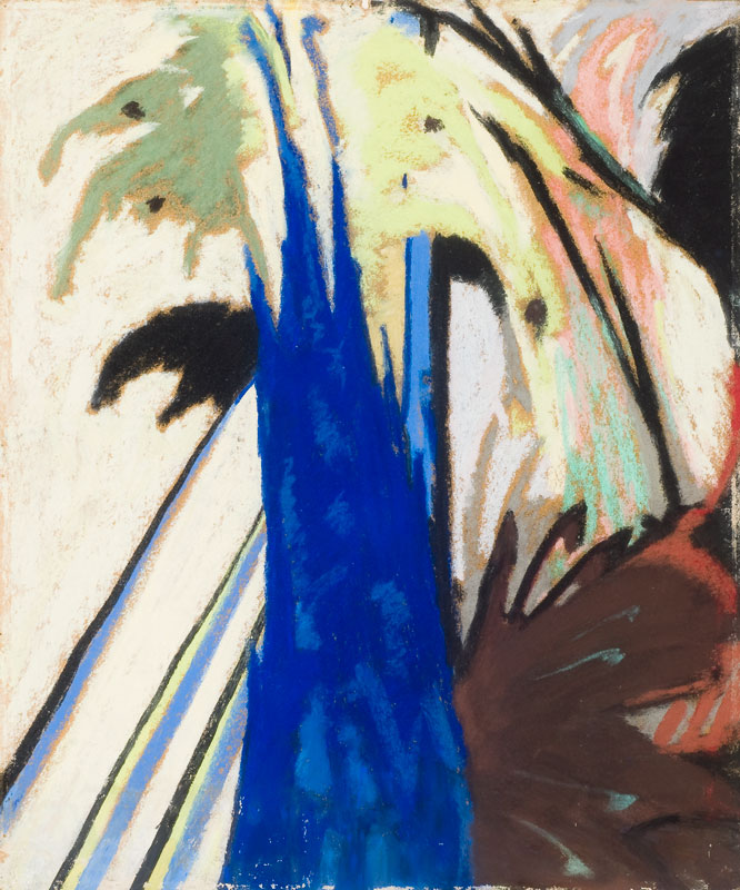 An untitled work by Arthur Dove, with a blue shape that looks like a wide jet of water shooting up from the bottom of the image; other colors surround it