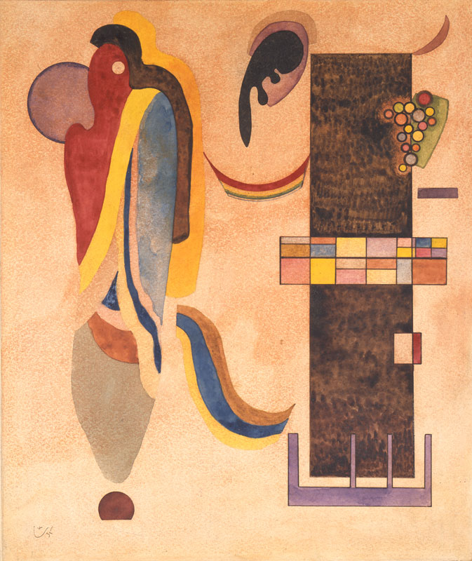 Wassily Kandinsky's "Two Figures," an abstract watercolor with graphite that shows one colorful, soft, flowy shape on the left and one rigid, blocky, mostly dark shape on the right