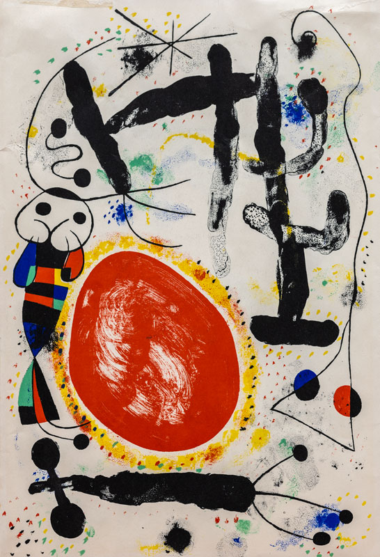A color lithograph by Joan Miro that features a large orangey-red circular shape with a yellow border at lower left and a bunch of black Ts floating around it as well as smaller circles in various primary colors