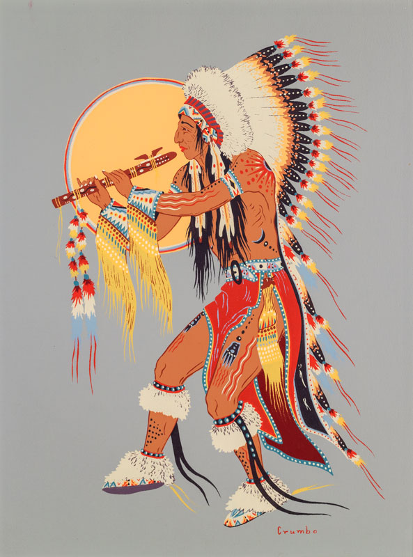 A print by Woody Crumbo of a Native American dance. It features a man in profile in full headdress, playing the flute and dancing in front of a sun or a moon.