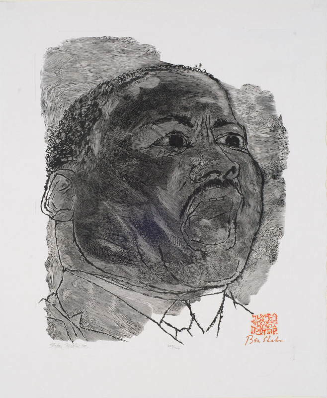 Ben Shahn's portrait of Martin Luther King Jr. shows him bust-length, mouth open as though giving a speech, in shades of gray