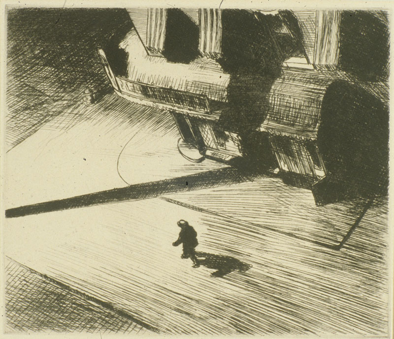 A solitary figure, seen from high above, walks down a street full of long shadows