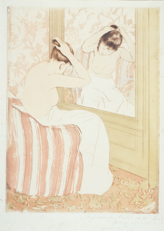 A lithograph by Mary Cassatt of a woman sitting in a striped upholstered chair, fixing her brown hair in a bun in front of a mirror that she's reflected in