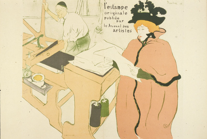 a print by Henri de Toulouse Lautrec that shows a man working hard at a printing press and a woman in a voluminous orangey coat and an exciting black hat reviewing one of the printed pages with approval