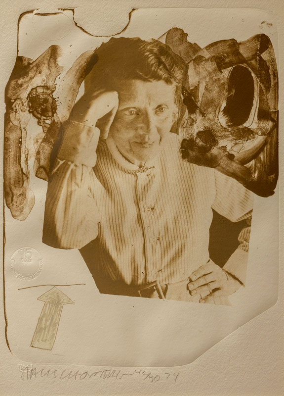 A print by Robert Rauschenberg that resembles a photo collage. It shows a woman with dark hair facing us, her elbow resting on a surface and her hand in a fist supporting her head.