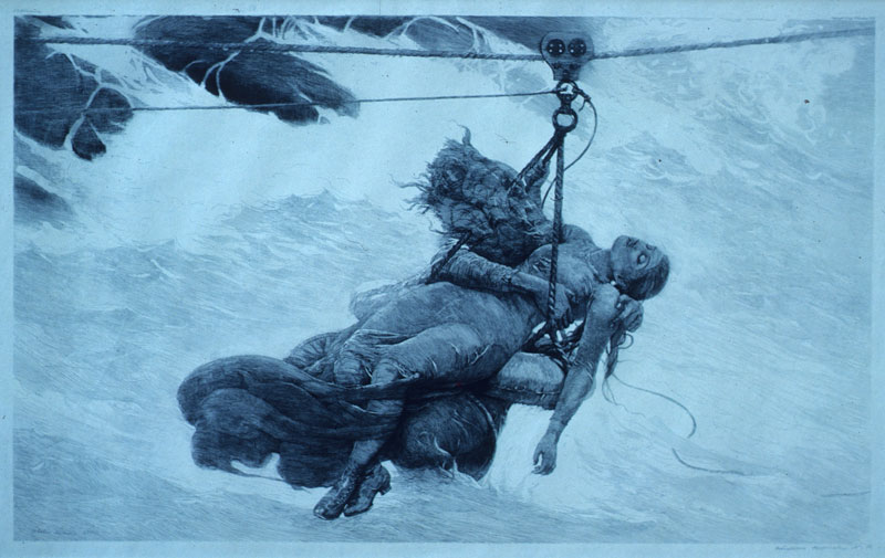 a print by Winslow Homer that shows a woman in a flowing gown being rescued from something, probably a ship, on a makeshift cart that hangs from a rope above the water