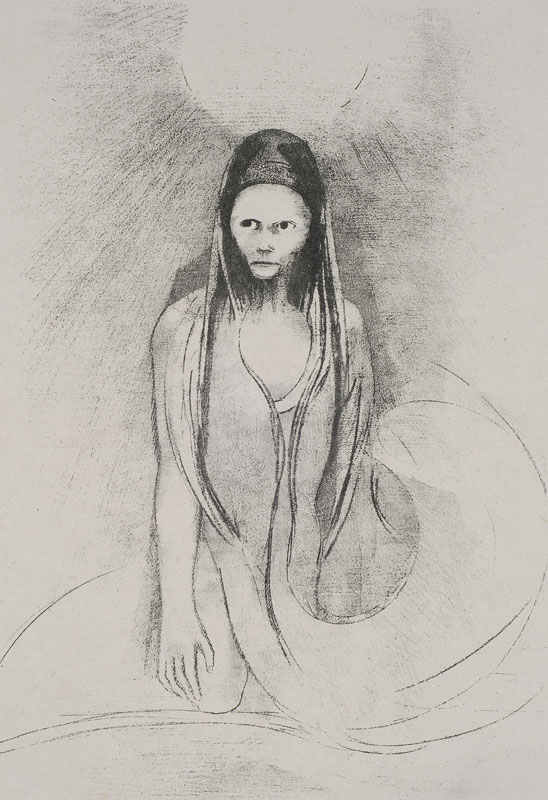 a print by Odilon Redon that shows a creepy looking woman in flowy clothes with the sun behind her