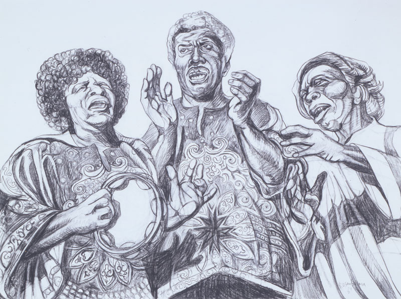 A group of three Black people, seen somewhat from below, singing together. The one on the left holds a tambourine.
