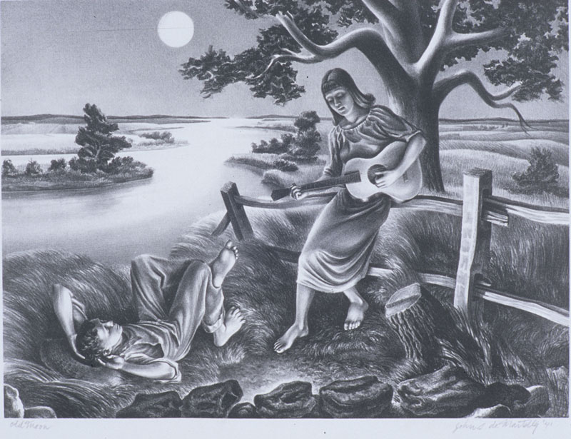 a print by John de Martelly that shows a barefoot woman playing the guitar by moonlight under a tree for a man who reclines on the ground
