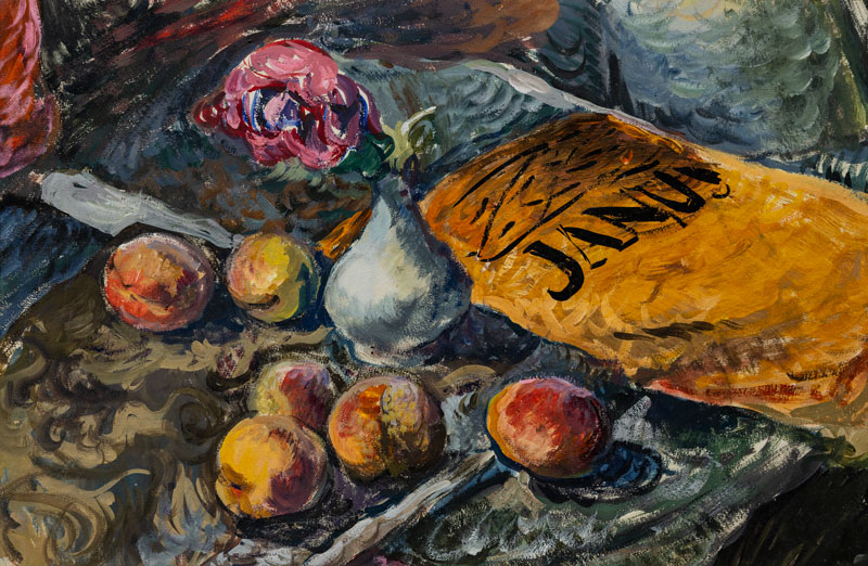 a still life painting by Pierre Daura that shows some peaches or apples, a vase with a pink flower, and a magazine titled Janus