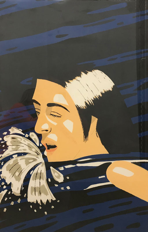 a print by Alex Katz that shows a woman with dark hair swimming through the water