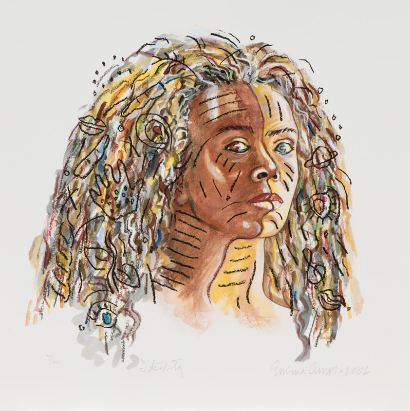 Emma Amos' "Identity," a self-portrait print that shows the artist bust length, rendered in a variety of different skin tones, with symbols in her hair and two different colored eyes