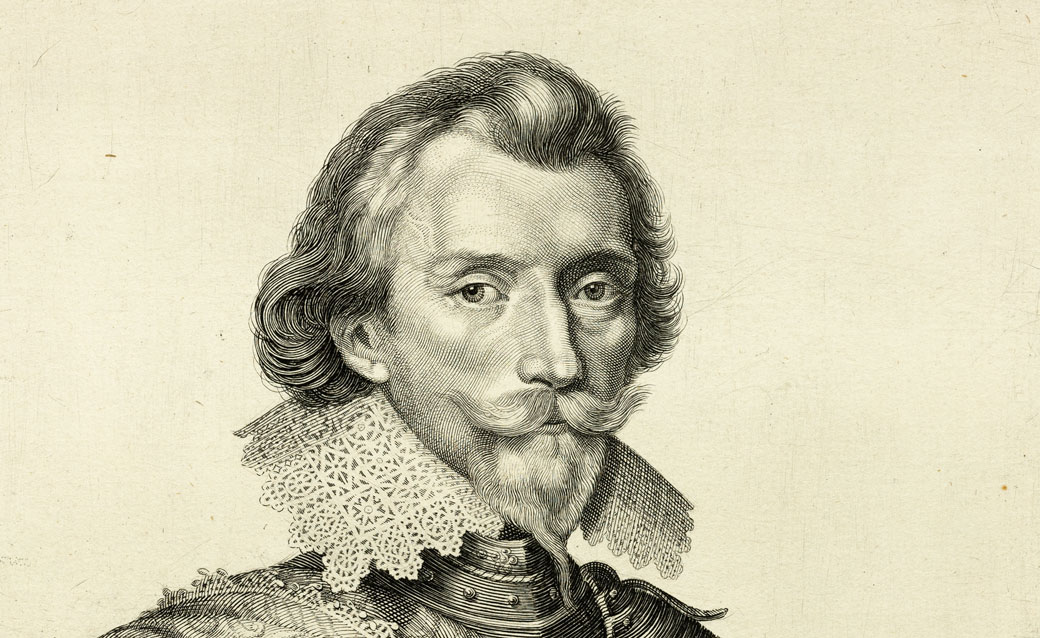 detail of an engraving by Robert Van Voerst after Anthony Van Dyck's portrait of Ernest, Count Mansfield. He has a Van Dyck beard and mustache, faces slightly toward the viewer's right, and wears elaborate armor with a stylish, squared-off lace ruff.