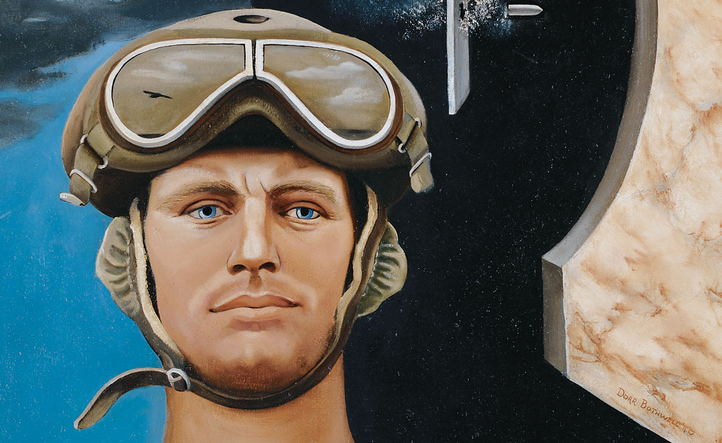detail of Dorr Bothwell's painting "For National Defense," which shows a male aviator with goggle pulled up on top of his helmet, facing us, seen bust-length, and a surreal bullet-time image of an airplane behind him