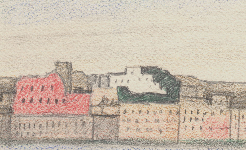 Detail of a colored pencil drawing by Joseph Stella titled "City by the River" that shows just that, with low, blocky, simplified buildings in shades of brown, off-white and red sitting on the edge of a blue river and topped by a subtle gray sky.